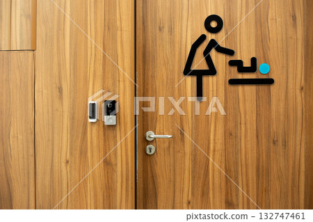 Entrance to baby changing room features modern locking system. Press button and access diaper changing room with ease. Modern technology and accessible environment for everyone Entrance to baby changing room features modern locking system. Press button and access diaper changing room with ease. Modern technology and accessible environment for everyone 132747461