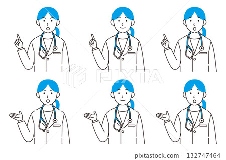 一組描繪不同面部表情和姿勢的女醫生插畫 132747464