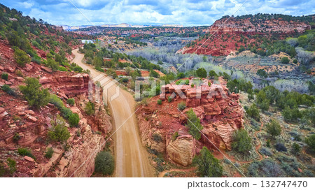 Aerial Red Rock Canyon Winding Dirt Road and Desert Wilderness Utah Aerial Red Rock Canyon Winding Dirt Road and Desert Wilderness Utah 132747470