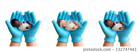 Newborn babies lying safely in doctor's caring and protective big hands, 3d illustration symbolizing neonatal care, medicine, the beginning of life 132747481