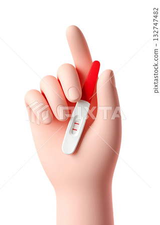 Cartoon 3d hand happily holding positive pregnancy test showing two distinct red stripes, isolated on clean background for family planning concepts 132747482