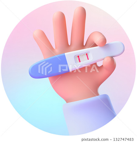 Cartoon 3d hand happily holding positive pregnancy test showing two distinct red stripes, isolated on clean background for family planning concepts 132747483