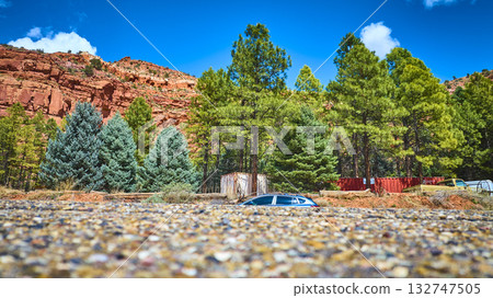 Red Cliffs and Pine Trees with Blue Car on Road in Southwest USA Ground Level 132747505