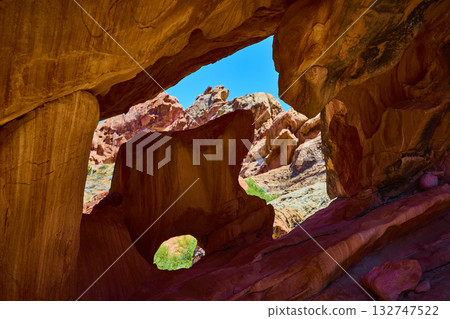 Red Rock Arch Formation With Double Openings In Desert Landscape Red Rock Arch Formation With Double Openings In Desert Landscape 132747522