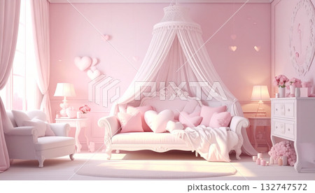 A pink princess-style room lined with heart-shaped cushions - a cute fairytale-like interior A pink princess-style room lined with heart-shaped cushions - a cute fairytale-like interior 132747572
