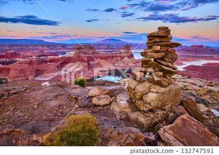 Stone Cairn on Alstrom Point Lake Powell Red Rock Landscape at Golden Hour 132747591
