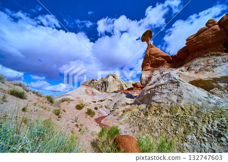 Toadstool Hoodoo and Sandstone Formations in Kanab Utah Under Dramatic Clouds 132747603