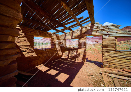 Abandoned Stone Ruins Desert Sunlight and Shadows Paria Utah Interior 132747621
