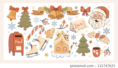 Christmas set of graphic elements, hand drawn retro style - cute objects, Santa Claus, Christmas tree, gift boxes, baubles and other elements. Vector illustration. 132747625