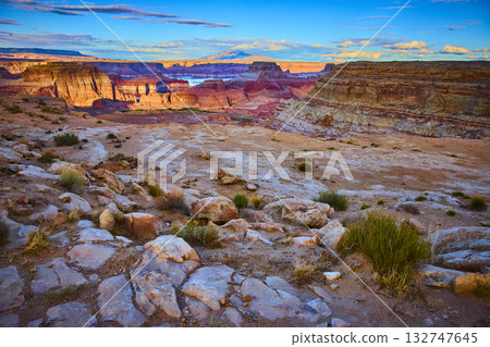 Alstrom Point desert cliffs and Lake Powell at golden hour Utah panoramic 132747645