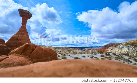 Toadstool Hoodoo Red Rock Formation and Desert Landscape Southern Utah Daytime Toadstool Hoodoo Red Rock Formation and Desert Landscape Southern Utah Daytime 132747763