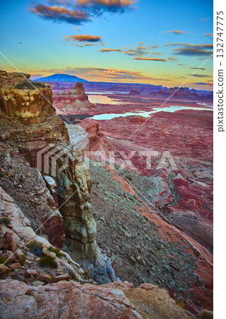 Alstrom Point red rock cliffs and Lake Powell at golden hour 132747775