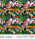 A vibrant, folk-style seamless pattern featuring cows, houses, flowers, and birds. This cheerful village landscape features contrasting colors and graphic elements, perfect for textiles, packaging 132747790