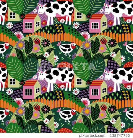 A vibrant, folk-style seamless pattern featuring cows, houses, flowers, and birds. This cheerful village landscape features contrasting colors and graphic elements, perfect for textiles, packaging A vibrant, folk-style seamless pattern featuring cows, houses, flowers, and birds. This cheerful village landscape features contrasting colors and graphic elements, perfect for textiles, packaging 132747790