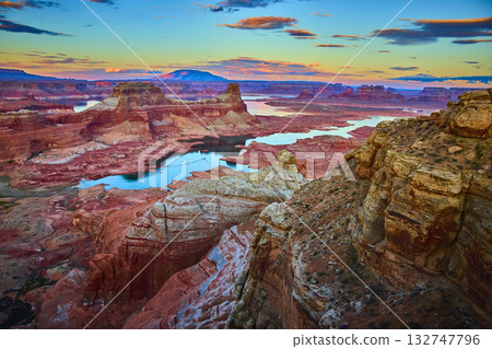 Lake Powell Red Rock Canyons and Blue Water at Sunrise Alstrom Point Aerial Lake Powell Red Rock Canyons and Blue Water at Sunrise Alstrom Point Aerial 132747796