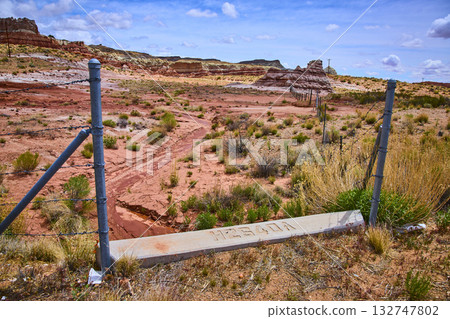Red Rock Formations and Barbed Wire Fence in Catstair Canyon Utah Daytime Red Rock Formations and Barbed Wire Fence in Catstair Canyon Utah Daytime 132747802