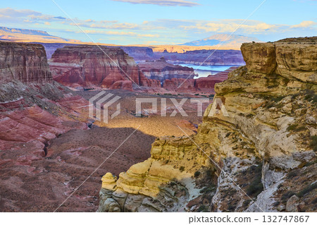 Layered Red Rock Formations and Lake Powell Canyon at Golden Hour Utah Layered Red Rock Formations and Lake Powell Canyon at Golden Hour Utah 132747867