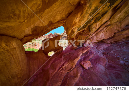 Sandstone Arch Formation with Inner Arch and Sunlit Desert Landscape Sandstone Arch Formation with Inner Arch and Sunlit Desert Landscape 132747876