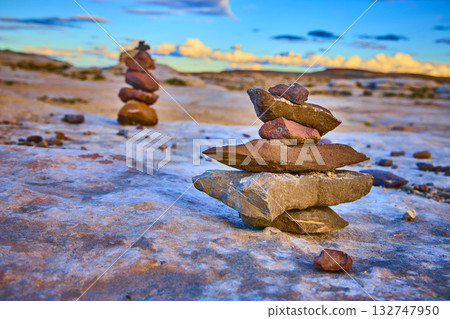 Stone Cairn Stack in Golden Hour Desert Landscape at Alstrom Point Utah 132747950