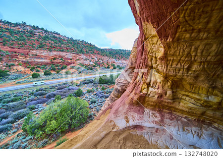Sandstone Canyon Wall with RV on Desert Highway Kanab Utah Sandstone Canyon Wall with RV on Desert Highway Kanab Utah 132748020