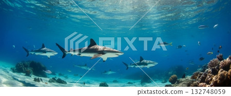 Underwater Scene with Sharks and Fish in Blue Ocean Underwater Scene with Sharks and Fish in Blue Ocean 132748059