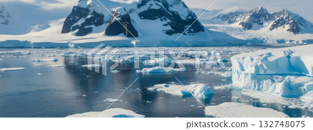 Majestic Antarctic Landscape with Icebergs, Glaciers, and Snow-capped Mountains 132748075