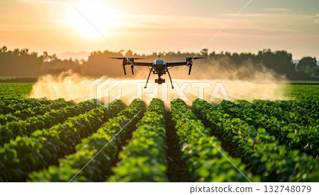 Agricultural Drone Spraying Crops at Sunset for Precision Farming 132748079