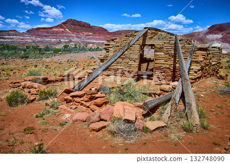 Abandoned Stone Cabin in Red Desert with Mesas Paria Movie Set Utah 132748090
