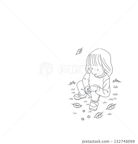 一幅兒童撿橡子的線條畫（適用於秋季、教育材料和兒童保育） 132748099