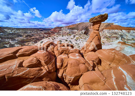 Toadstool Hoodoo and Sandstone Boulders in Paria Rimrocks Utah Desert Landscape 132748123