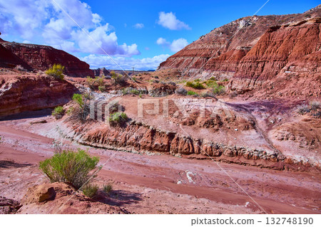 Red Rock Formations and Desert Wash with Vegetation in Utah Canyon Under Blue Sky 132748190