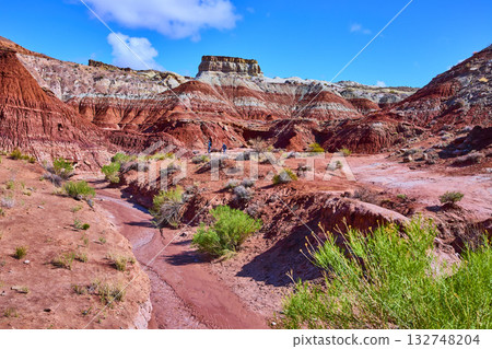 Painted Desert Badlands and Mesa with Stream Bed and Hikers Arizona Daytime 132748204