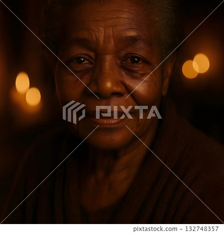 Cinematic close-up portrait of elderly African woman illuminated by warm candlelight in dark cozy room Cinematic close-up portrait of elderly African woman illuminated by warm candlelight in dark cozy room 132748357