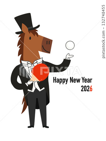 Vector illustration of a cute horse in a tailcoat holding table tennis equipment for the 2026 Year of the Horse New Year's card 132748455