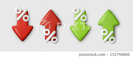 3D percent icons with red and green arrows symbolizing price growth and fall. Modern vector concept for business, finance, sale, and economy illustration, up and down financial rate design 3D percent icons with red and green arrows symbolizing price growth and fall. Modern vector concept for business, finance, sale, and economy illustration, up and down financial rate design 132748660