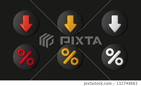 3D price and discount icons with down arrow and percent sign. Modern vector design symbolizing sale, offer, and financial decrease for business, economy, or Black Friday promotion 3D price and discount icons with down arrow and percent sign. Modern vector design symbolizing sale, offer, and financial decrease for business, economy, or Black Friday promotion 132748661
