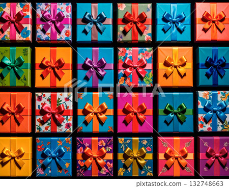 Modern design. Multicolored gift boxes. Celebration, birthdays, Christmas and branding. Packaging. Top view. Modern design. Multicolored gift boxes. Celebration, birthdays, Christmas and branding. Packaging. Top view. 132748663