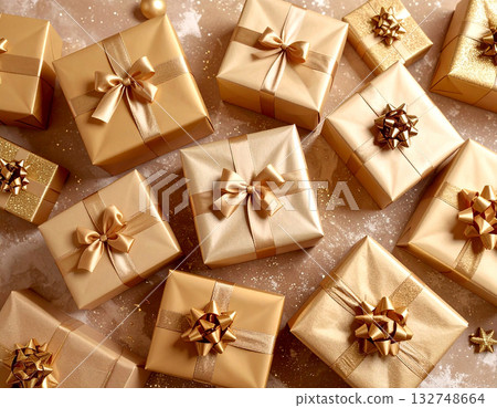 Packaging design. Golden gift boxes. Celebration, Christmas and branding. Packaging. Top view. 132748664