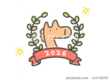 Cute horse and laurel wreath emblem 2026 New Year material symbol 132748765