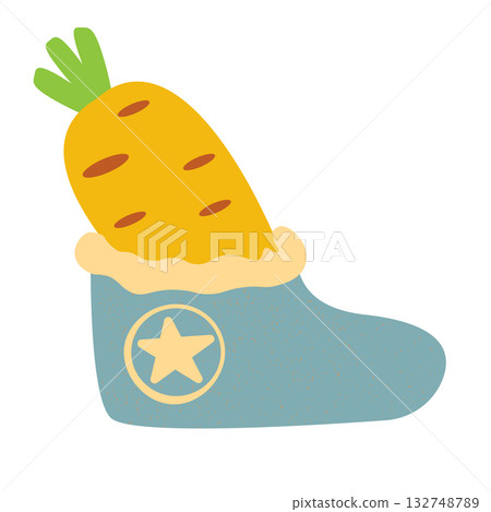 Winter blue boots with carrot inside and stars, symbol of Sinterklaas. Sinterklaas cartoon hand drawn shoes with carrot. Saint Nicholas Day Poster Vector, Dutch Celebration Card with Gift in Boot Winter blue boots with carrot inside and stars, symbol of Sinterklaas. Sinterklaas cartoon hand drawn shoes with carrot. Saint Nicholas Day Poster Vector, Dutch Celebration Card with Gift in Boot 132748789