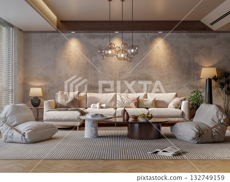 Cozy & Warm Living Room: Comfortable Modern Interior with Textured Wall 132749159