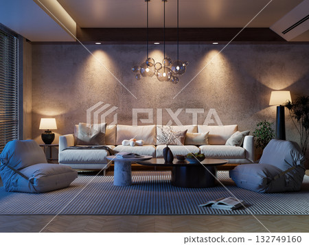 Dramatic Night Living Room: High-Contrast Interior with Warm Spotlights, Cold Blue Light 132749160