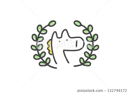 可愛的白馬和月桂花環圖案,2026新年物質象徵 可愛的白馬和月桂花環圖案,2026新年物質象徵 132749172