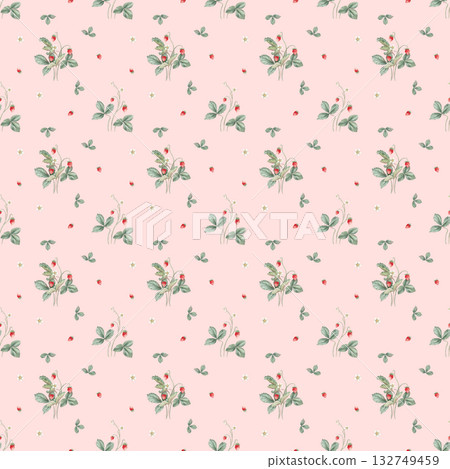 Botanical, kids style seamless pattern with wild strawberry flowers and berries on a white background. Background for children's room decor, wallpaper. Hand drawn illustration woodland strawberries. 132749459