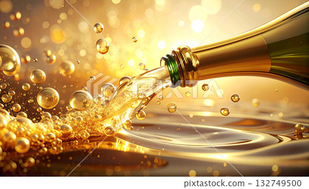 A stylized upside-down champagne bottle pours glowing abstract gold bubbles into a blank, clear area below. A stylized upside-down champagne bottle pours glowing abstract gold bubbles into a blank, clear area below. 132749500