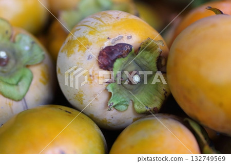 Persimmons bring the colors of autumn with their glossy skin and green stems. Persimmons bring the colors of autumn with their glossy skin and green stems. 132749569