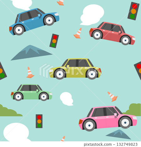Seamless background of cartoon traffic. Colorful cars. Exhaust fumes. Cones and traffic lights. Green bushes and mountains.  132749823