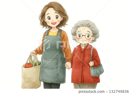 Miyu Series: A scene where Miyu supports the elderly by carrying an eco bag 132749836
