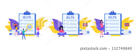 English Proficiency Test and Exam. IELTS International English Language Testing System. Vector illustration set, collection. 132749840