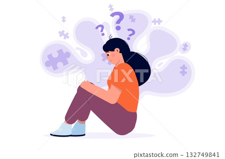 Psychological diseases concept. Depressed, sad woman sitting on floor. Vector illustrations for banner, website, landing page, flyer. Psychological diseases concept. Depressed, sad woman sitting on floor. Vector illustrations for banner, website, landing page, flyer. 132749841
